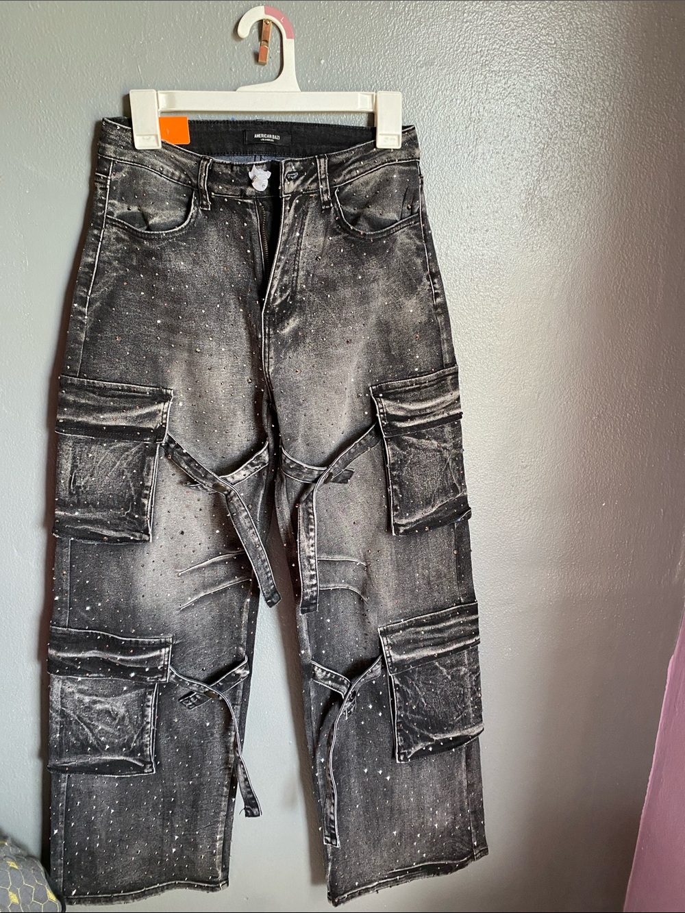 American Bazi Black Distressed Cargo Pants with Paint-Splatter